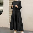 thumbnail image 4 of Ashirexll Women's Plus Size Bohemian Dresses, Round Neck Long Sleeve Ankle-Length Dress, Summer Casual Cotton and Linen Maxi Dress, Ruffled Big Swing Long Dress Black M, 4 of 7