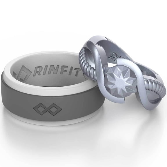 Rinfit Silicone Rings for Women & Men - Couple Sets Rubber Wedding Bands - Gray&Dark Gray, Diamond Round Silver
