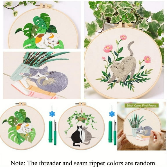 Easy Embroidery Kit for Adults, Beginner-Friendly Cat Embroidery Set, Complete DIY Hand Sewing Starter Kit with Feline Designs
