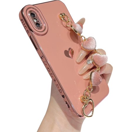 MYKOMI for iPhone X/Xs Case,Cute Plating Love Heart Wrist Strap Chain Bracelet Phone Case