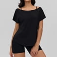 thumbnail image 2 of Olyvenn Off-The-Shoulder Tops for Women Short Sleeve Asymmetrical Neck Loose Summer Breathable Casual Athletic Gym Tops Black S, 2 of 5