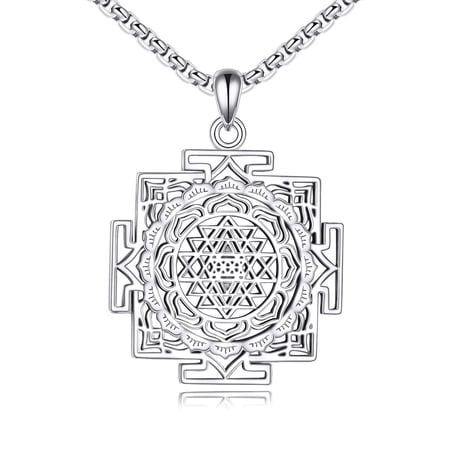 MYSTICPOEM Sri Yantra Necklace Sterling Silver Sacred Geometry Pendant Lotus Yoga Jewelry Gifts for Women Men