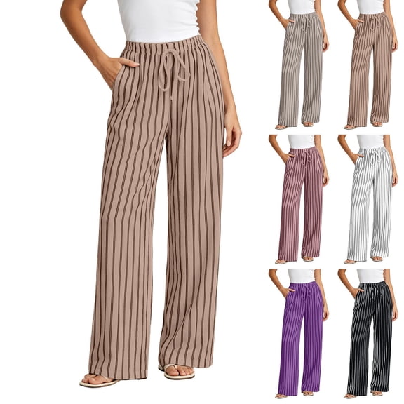 Yxbdin Striped Print Linen Pants for Women Elastic Drawstring High Waist Long Pants Comfortable Relaxed Fit Casual Trousers Everyday Daily Wear