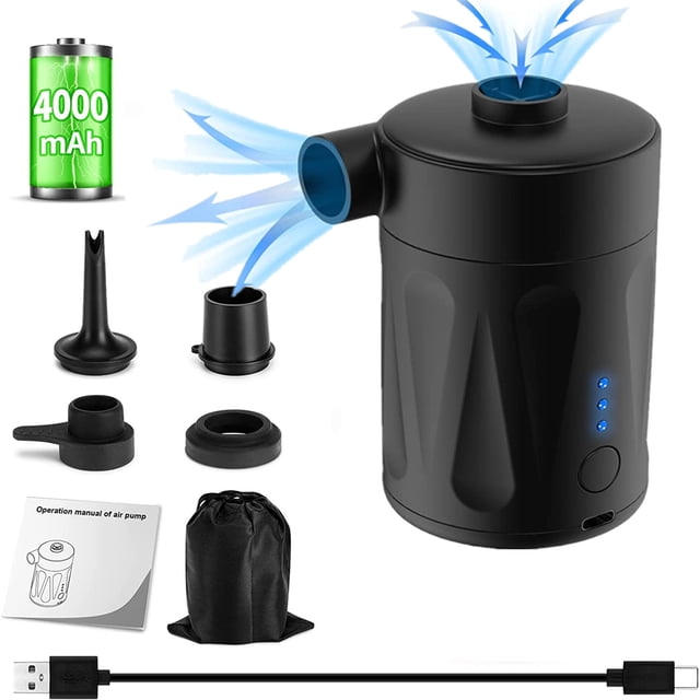 Electric air pump by Miaoyou, featuring a compact black design with LED power indicators and a 4000mAh rechargeable battery. Includes four interchangeable nozzles for inflating and deflating various items like air mattresses, pool floats, and storage bags. The package also contains a USB Type-C charging cable, a carrying bag, and an instruction manual. Suitable for outdoor camping and travel.