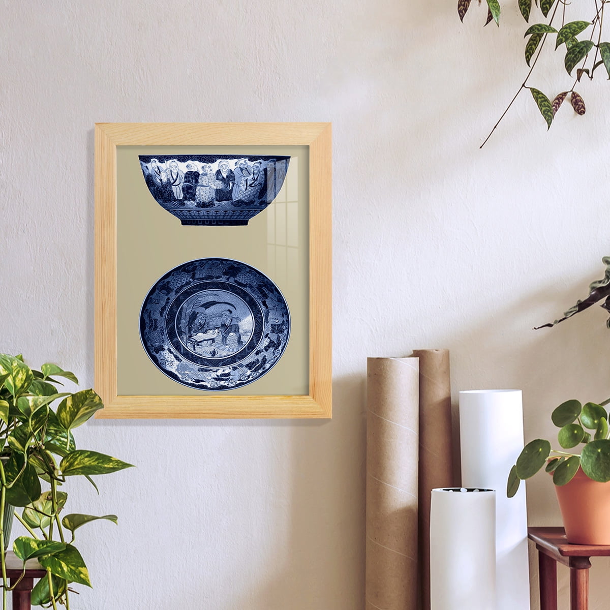 Porcelain in Blue and White II -Framed Print w/glass-Natural Wood