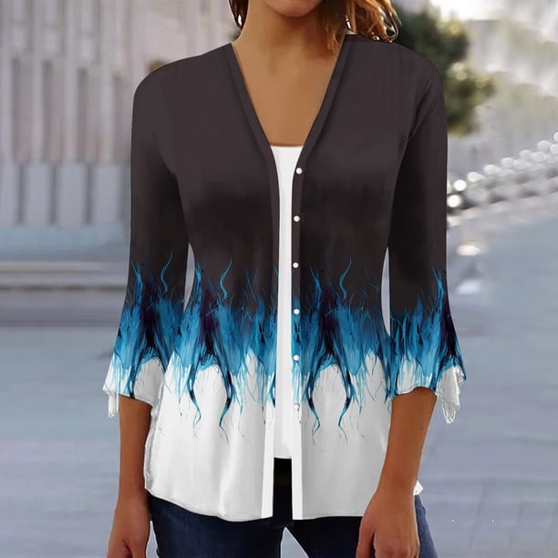 Xuyuer 3/4 Length Sleeve Womens Tops Round Neck Casual Summer Tunic Tops Basic Tees Blouses Cardigan Lightweight Button Down Casual Dressy T-Shirts Pleated Cute Shirts