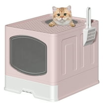 Extra Large Foldable Cat Litter Box with Litter Scoop, Front Entry Top Exit Cat Litter Pan with Lid, Enclosed Anti-Splashing Kitty Litter Box, Drawer Type Cat Litter Easy Cleaning and Scoop, Pink