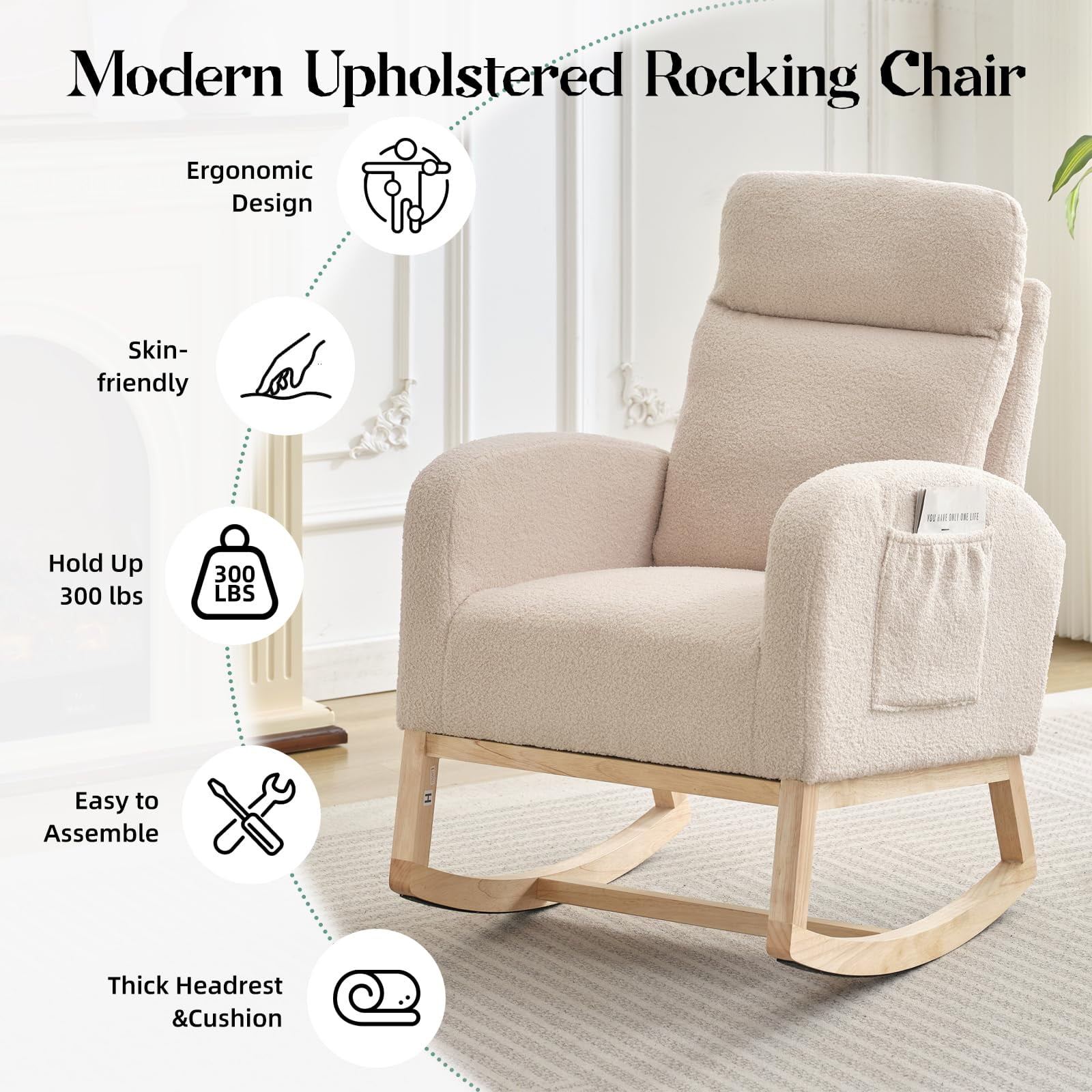 Kojooin Rocking Chair Nursery,Glider Chair Nursery Chair with High Back and Side Pocket, Rocking Accent Armchair with Rubber Wood Legs for Living Room/Bedroom/Nursery