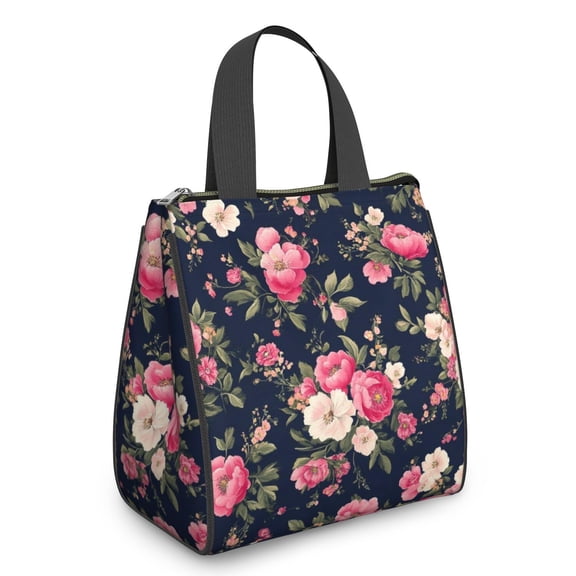 Pioneer Flower Floral Print Pattern Insulated Lunch Bag for Women & Adults,Large Portable Soft Cooler Lunch Bag,Thermal Food Storage Tote with Pearl Cotton,8.66L,8.75x5.75x9.5 Inch