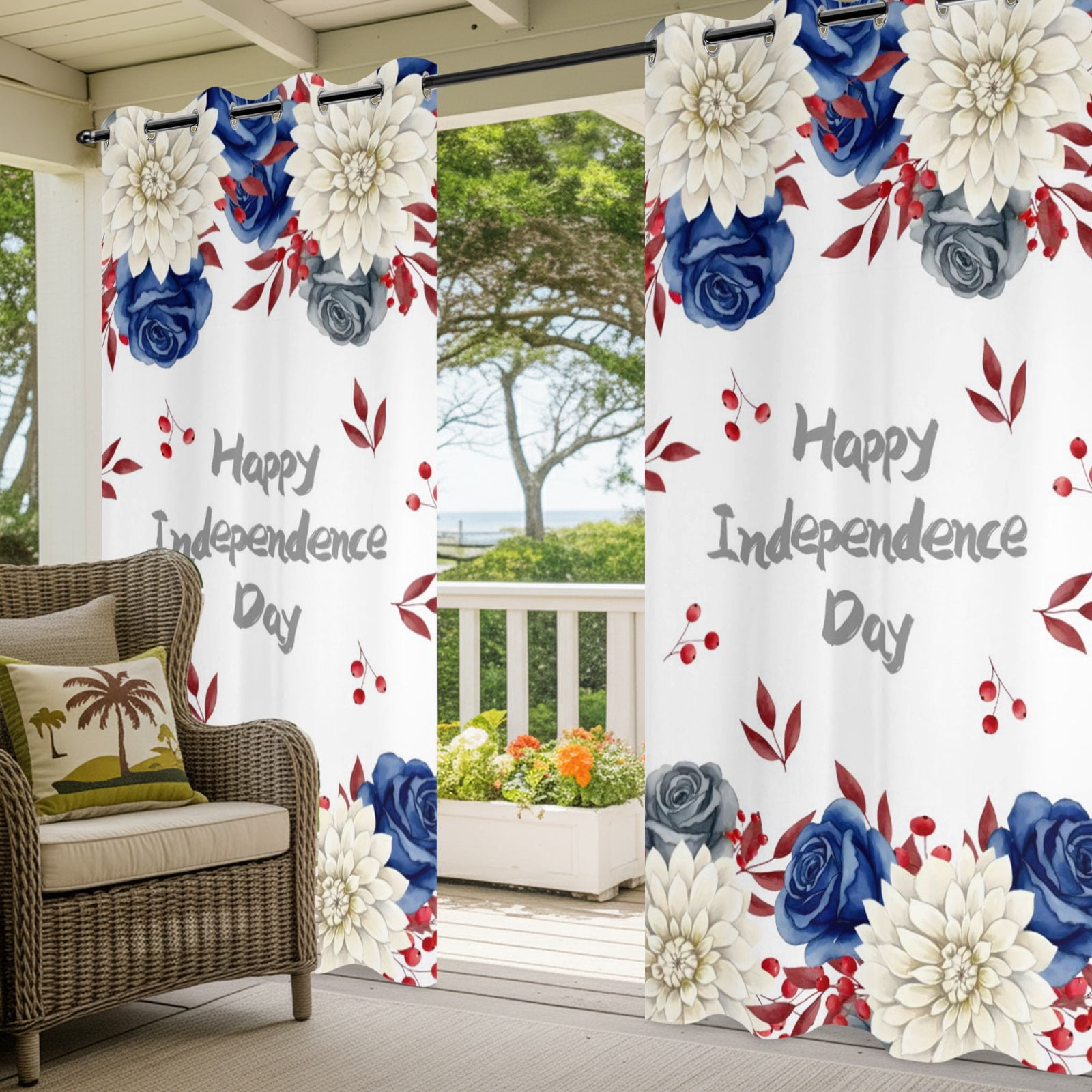 Happy Independence Day Outdoor Curtains for Patio, Red Blue Rose Dahlia Floral Sunshade Privacy Drapes Grommet Waterproof Outside Curtains for Porch/Cabana/Balcony 54"x 84", 2 Panel