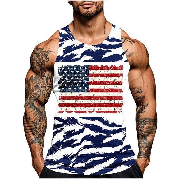 Cmfcve Men's Independence Day Tank Top Sleeveless Crew Neck Fitness Undershirt Patriotic Printed Vest