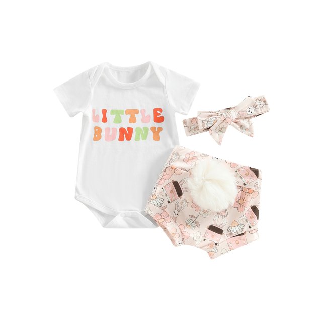 ZAXARRA Bébé Filles 3Pcs Pâques Tenues, Manches Courtes Romper + Lapin Queue Short + Bandeau Ensemble