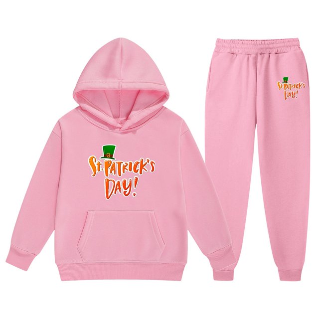 Hfolob Girls Outfit St. Patrick'S Day Middle And Large Long Sleeved Letter Print Hooded Top Sweater Pants Set