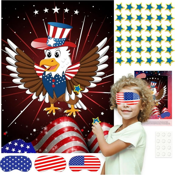 Pin The Star on The Eagle Patriotic Party Game 4th of July Independence Day Party Activities Game, Poster with 36 Stickers & 3 blindfolds Independence Day Decor