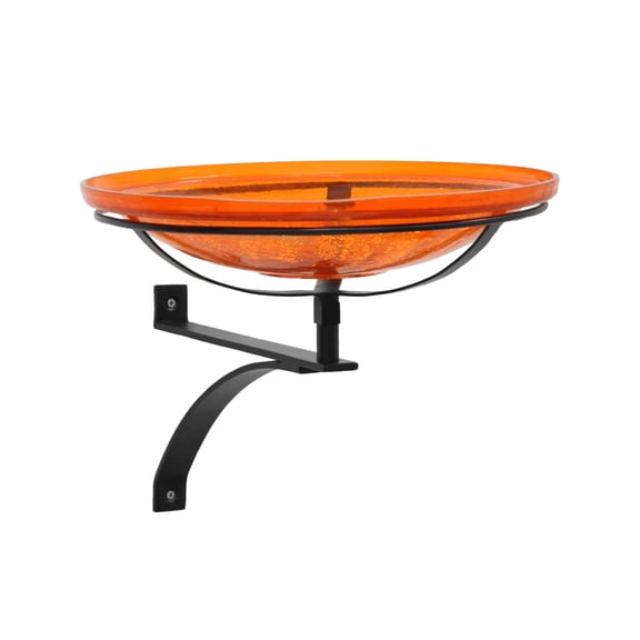 Achla Designs 14"Dia. Round Crackle Glass Birdbath w/Black Wrought Iron Wall Mount Bracket Orange