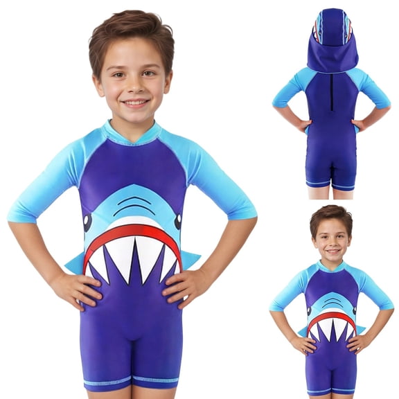 WERYOUNG Boy's One-Piece Swimsuits With Swim Cap Short Sleeve Cartoon Print Rash Guard Swimwear For Toddler Kids Beach Pool Party Cozy Swim Wear