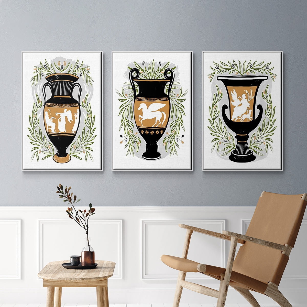 Greek Vases I - Framed Premium Gallery Wrapped Canvas L Frame 3 Piece Set - Ready to Hang