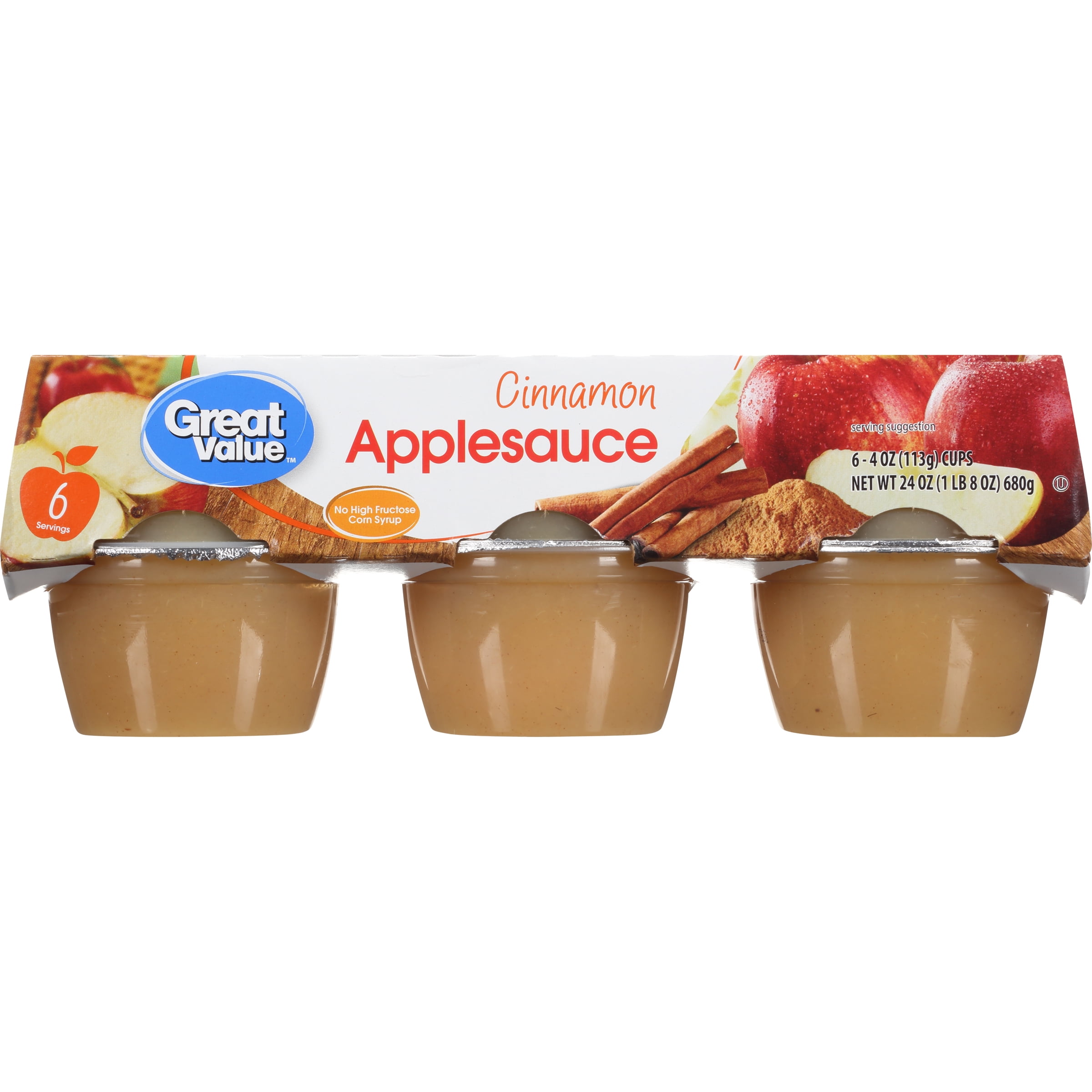 Great Value Cinnamon Applesauce Cups, 4 Oz, 6 Count