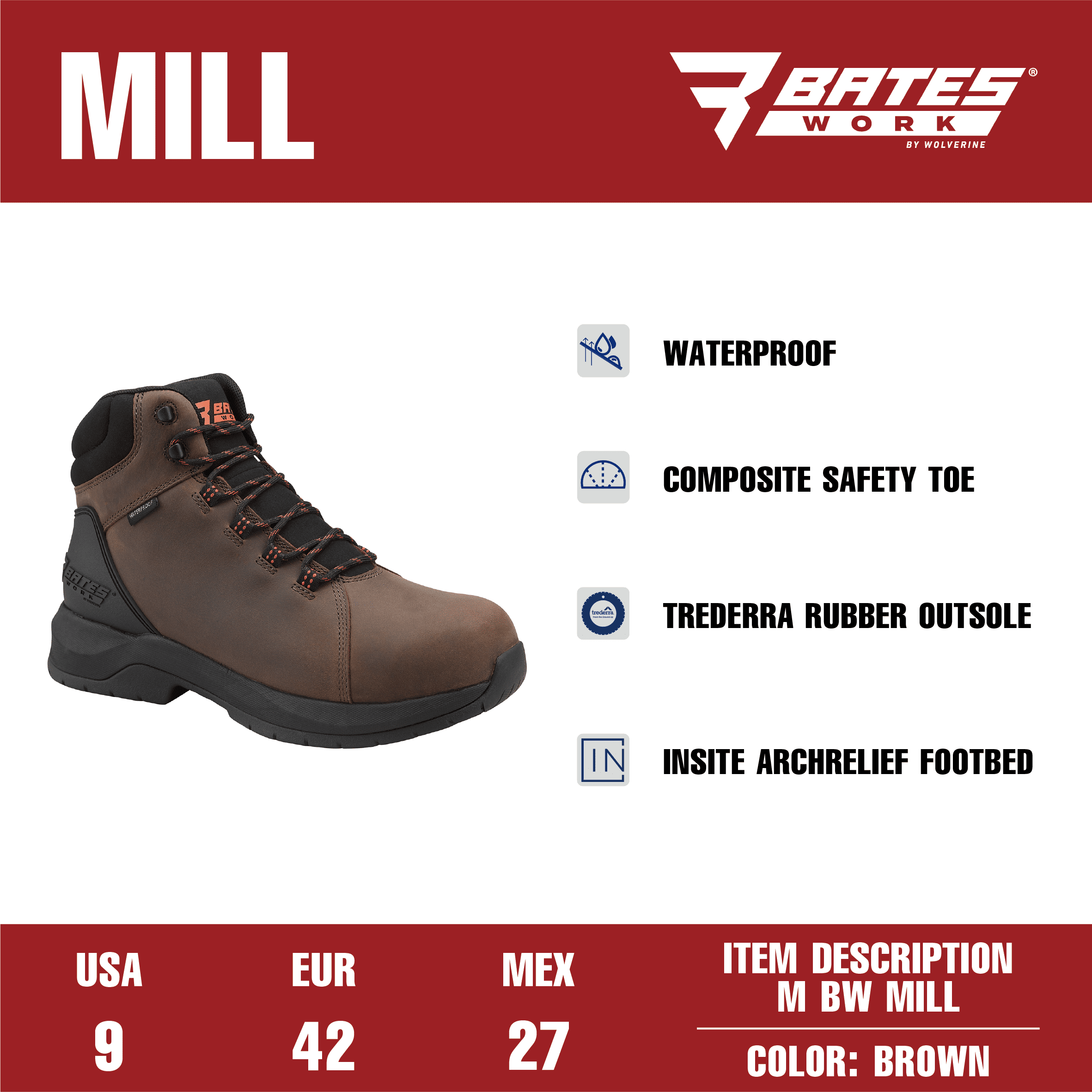 Bates Work by Wolverine Men's Mill Waterproof Comp Toe Work Boot