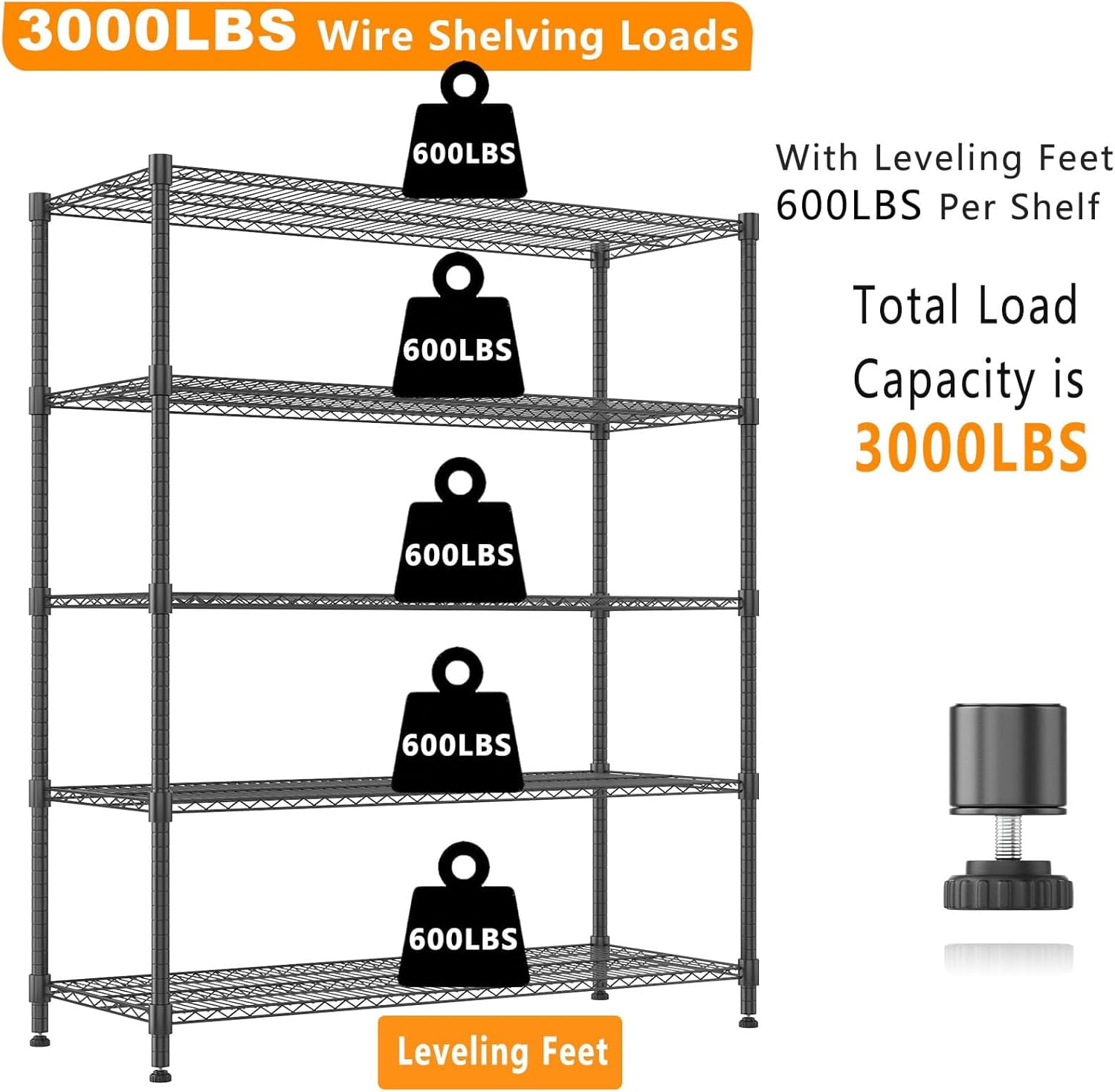 Sailvan 48"W x 18"D x 82"H Heavy Duty Wire Shelving Unit, 3000LBS Capacity 5-Tier Metal Storage Shelves with Wheels, Adjustable Garage Rack,Black