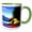 Green/White, variant on 3drose, Yellow Tent by the Mountain Lake, Red Shadows. Evening. Happy Camper, 11oz Two-tone Green Mug