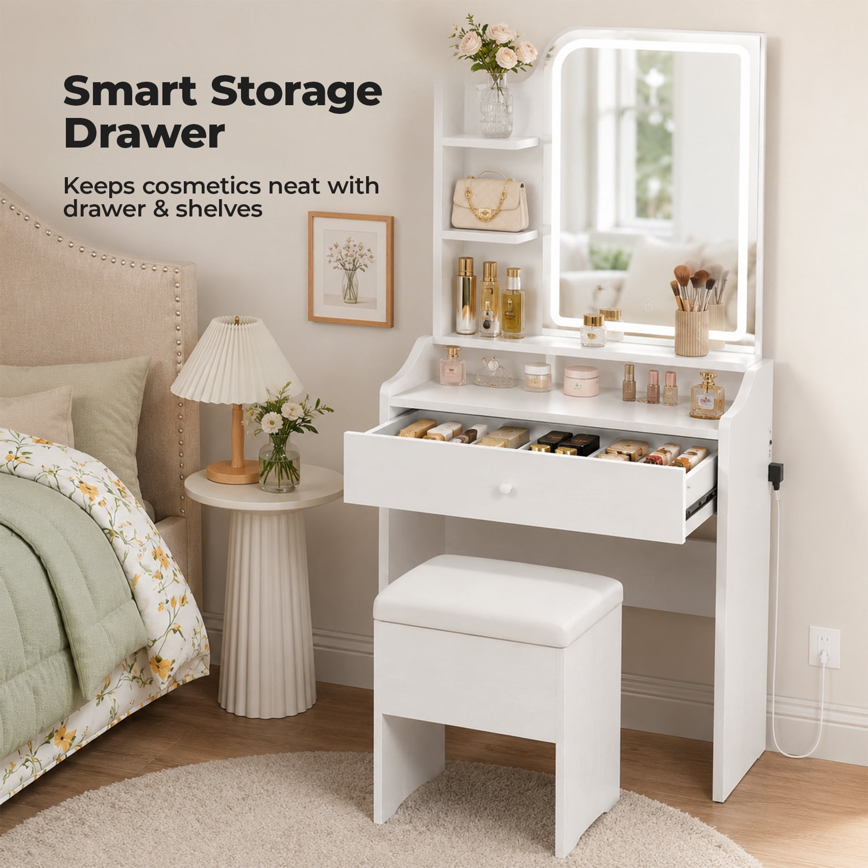 Alvantor Compact Makeup Vanity Desk with LED Mirror and Shelves Set
