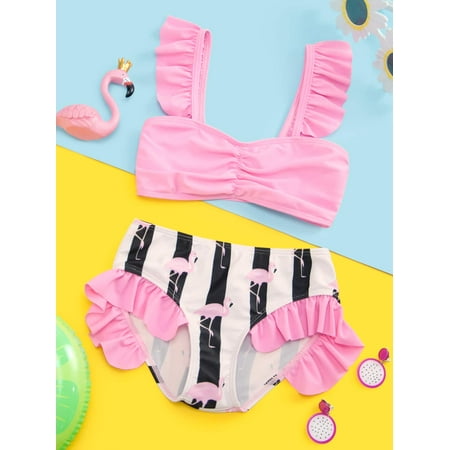 

Toddler Girls Flamingo Striped Ruffle Bikini Swimsuit Swimwear S221904X Multicolor 120(5-6Y)