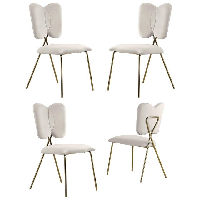 Chaises Latérales Ailées avec Velours Crème et Base Chromée Dorée (Ensemble de 4)