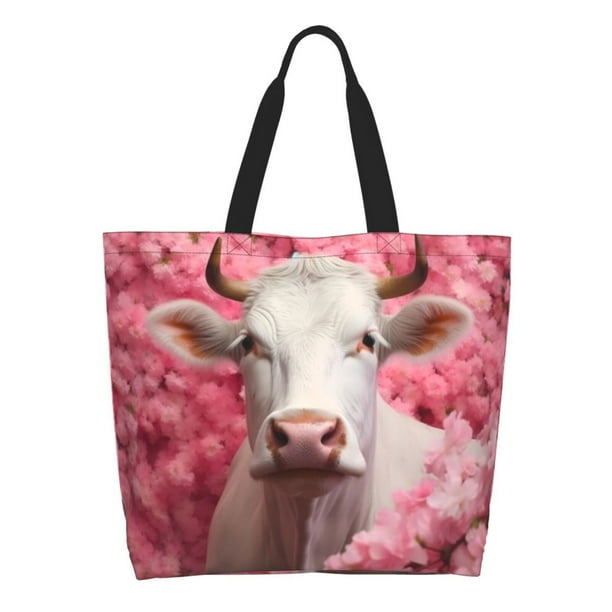 Disketp Flower White Cow Bolsa Tote Estampada para Mujer, Bolso de Hombro y de Mano para Compras y Viajes