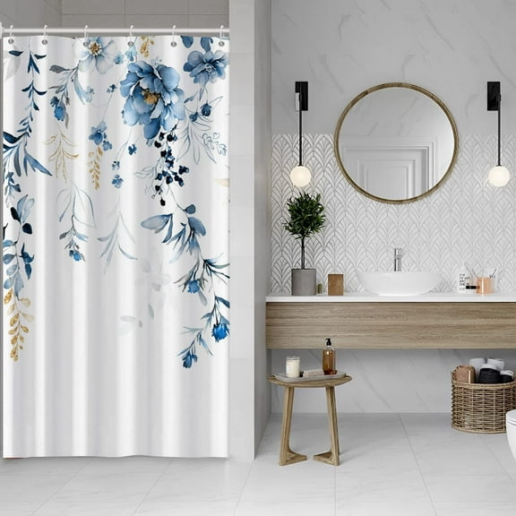 Blue Plants Shower Curtain with Hooks Watercolor Leaves Shower Curtain for Bathroom Waterproof Bathroom Accessories Bathtub Decor 36x72inch