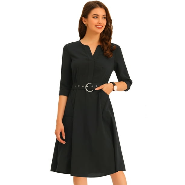 Vestido con Escote En V para Mujer Vestido Elegante con Cinturón y  Bolsillos Negro L Allegra K