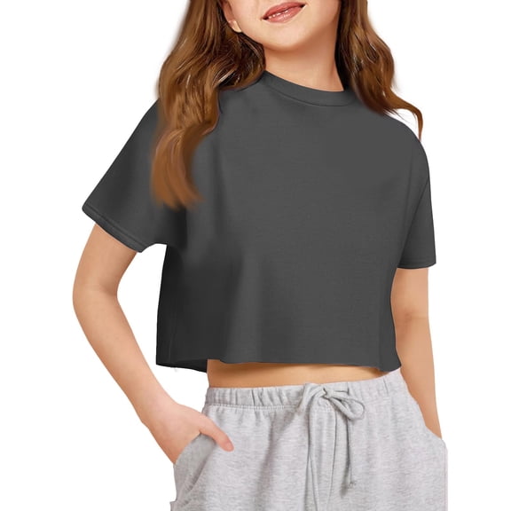 Resicozy Girls Athletic Oversized Crop Tops for Kids Drop Shoulder Short Sleeve T Shirts Workout Basic Tees 1-10 Years Dark Gray 160