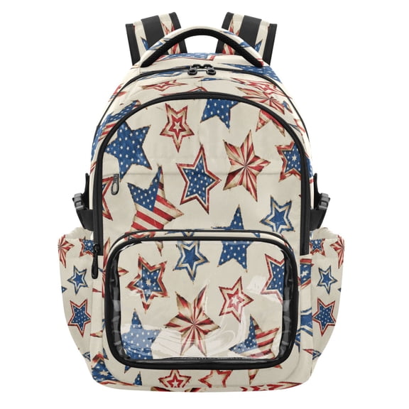Qxltty Vintage Usa Star Backpack School Bookbag with Clear PVC Front Pocket, Laptop Compartment, Water Resistant Travel Daypack for Students