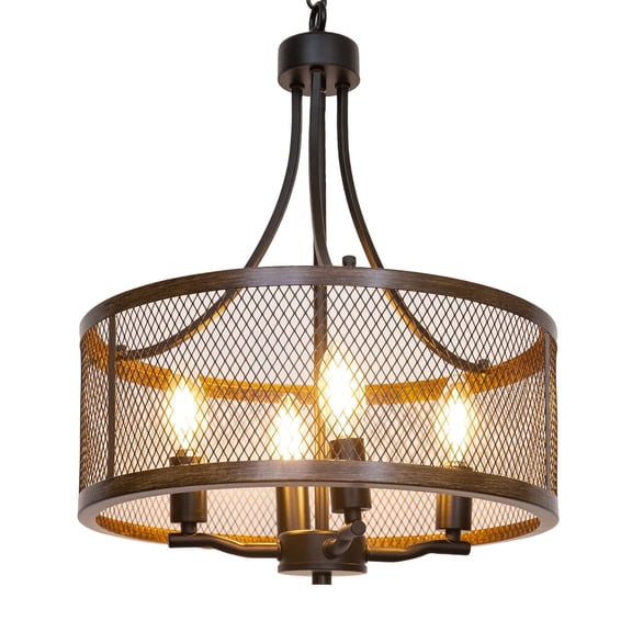 YANSUN Farmhouse 4-Light Oil Black and Wood Painted Finish Drum Metal Chandeliers for Dining Room, Kitchen Island, Hallway