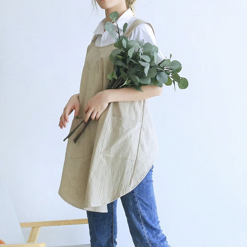 Cute Cross Back Apron Dress with Pockets Gardening Kitchen Smock Apron for Women Home Workwear Dress