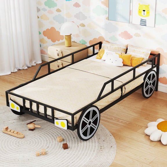 Costway Twin Car-Shaped Metal Bed Frame with Wheels Decorations Safety Guardrails