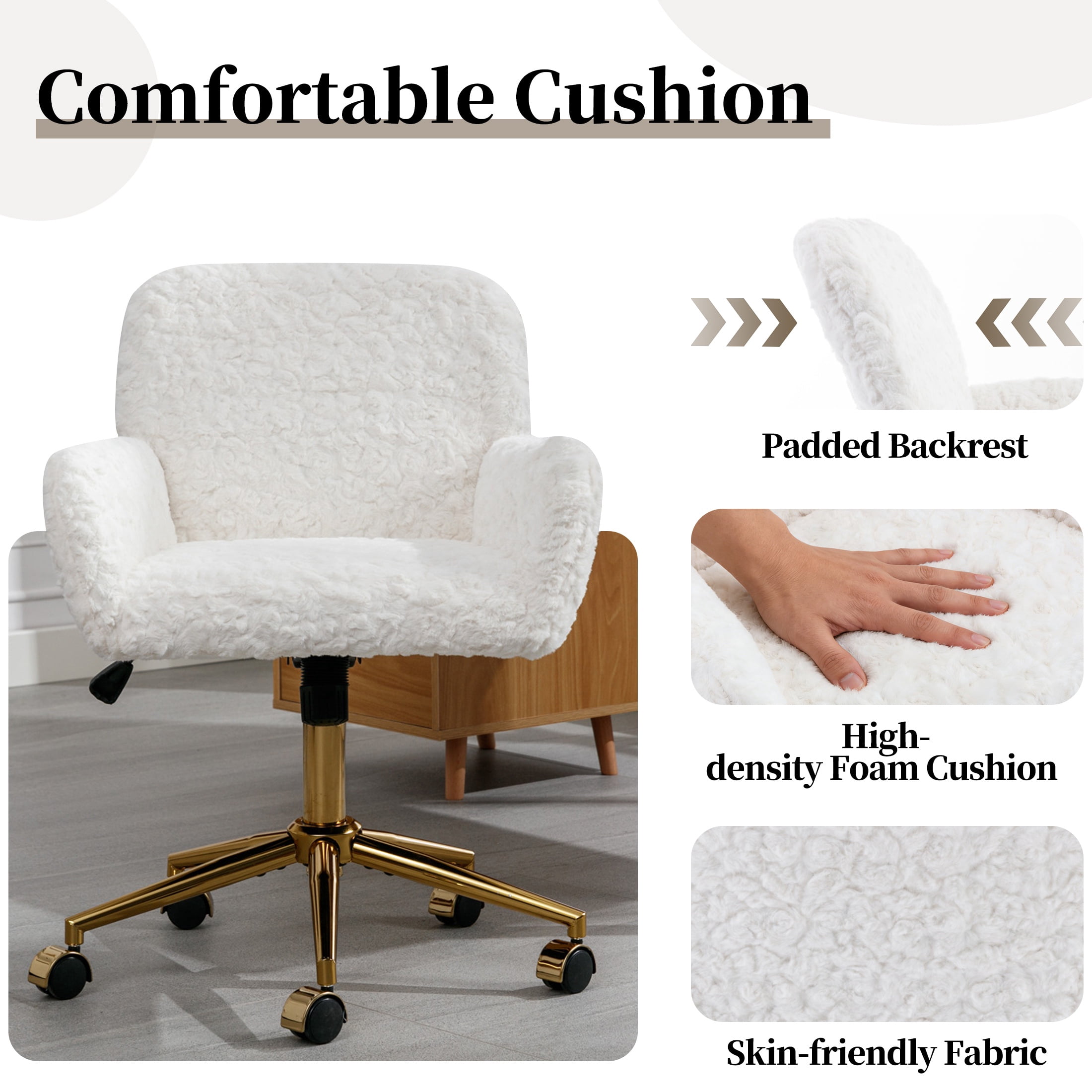 ENYOPRO Office Chair with Chrome Legs, Ergonomic Teddy Desk Chair Vanity Chair with Wheels, Modern Computer Chair for Home Office, White