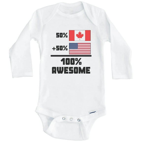 50% Canadian 50% American 100% Awesome Funny Flag One Piece Baby Bodysuit (Long Sleeve), 0-3 Months White