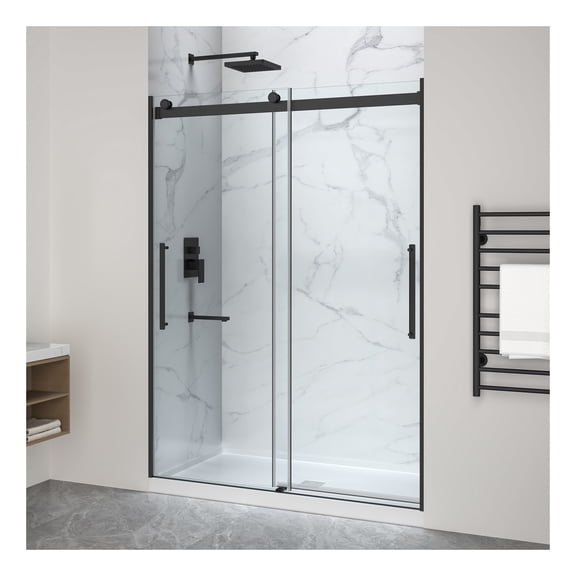 Stellar Series 76 in. x 57-60 in. Sliding Frameless Shower Door in Matte Black with Alcove Center Drain Shower Base