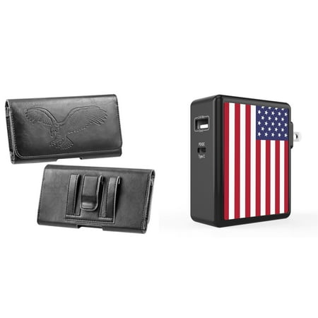 

Holster and Wall Charger Bundle for Nokia C200: Eagle Horizontal Belt Pouch Case (Black) and 45W 2 Port (Power Delivery USB-C USB-A) Power Adapter (American USA Flag)