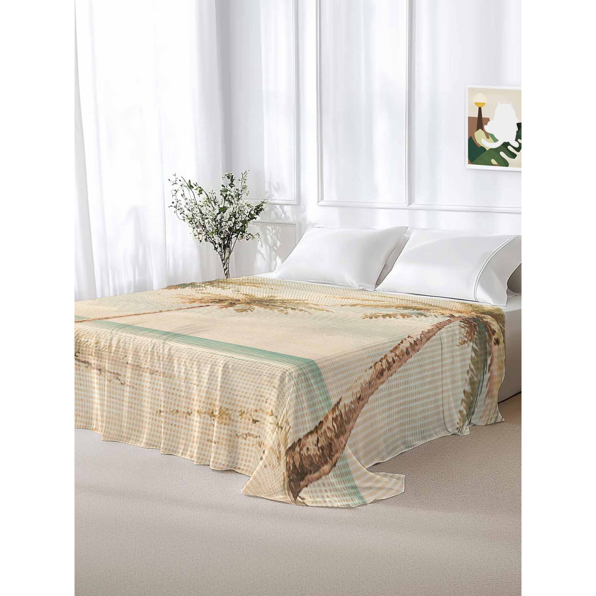 California King Size Flat Sheet Only,Summer Coastal Palm Tree Soft Top Bed Sheets Breathable Bedding Sheet Sandy Beach on Retro Linen Microfiber Hotel Luxury Top Sheets