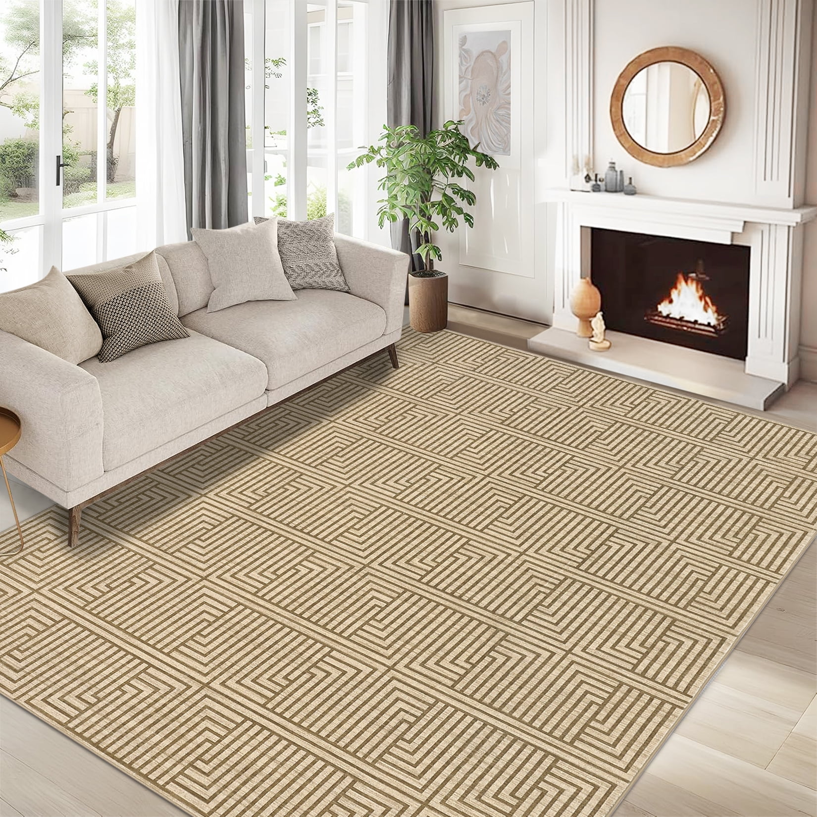 Outdoor Rug, 10x13ft Bordered Light Brown Modern Area Rugs for Indoor and Outdoor Patios, Porches Waterproof Washable Porch Deck Outside Carpet