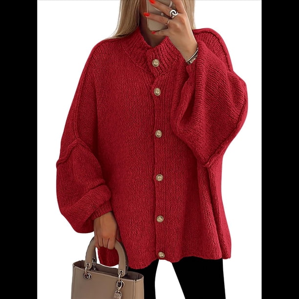 Cárdigan de Invierno con Botones para Mujer, Cuello Alto, Larga, Punto Grueso, Abrigo Rojo M