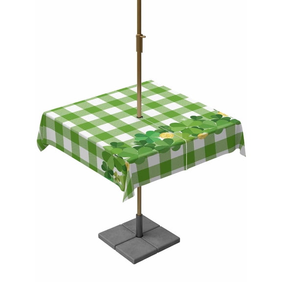 Outdoor Tablecloth with Umbrella Hole and Zipper, St. Patrick's Day Square Table Cloth 54x54 Inch Waterproof Tablecloth, Shamrock Grasses Sage Green Plaid Picnic Table Cover for Patio Camping