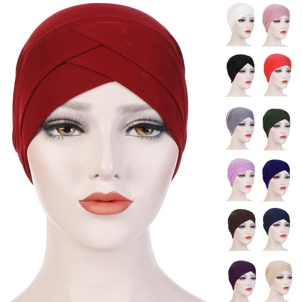Cap Solid color Hijab Beads Cross knotting Muslim Turban Hat Indian Head Wraps 