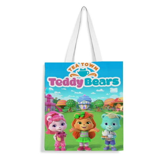Tea Town Teddy Bears Bolso de tela con estampado de lienzo para mujer, bolsa de compras reutilizable y estética, con cremallera interior, regalo para mujer, 35 × 40 cm.