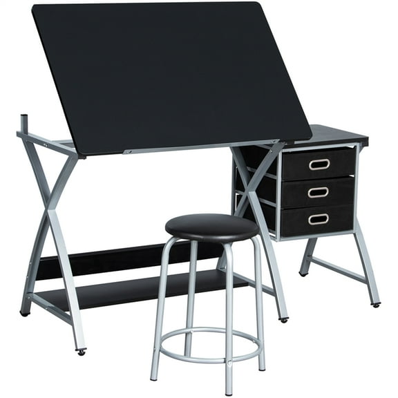 Renwick Folding and Adjustable Steel Drafting Table with Stool and Storage Drawers