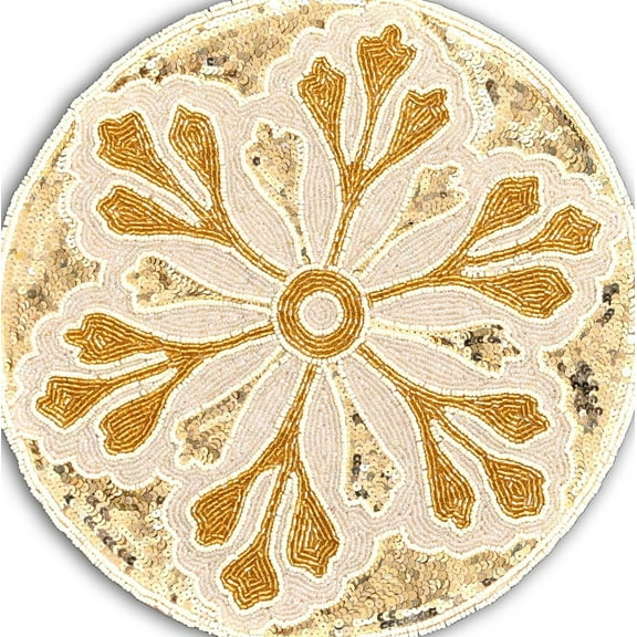 Handmade Beaded Tablemats, White And Gold Placemat, Designer Charger Plate 13X13 Inch, set of 2