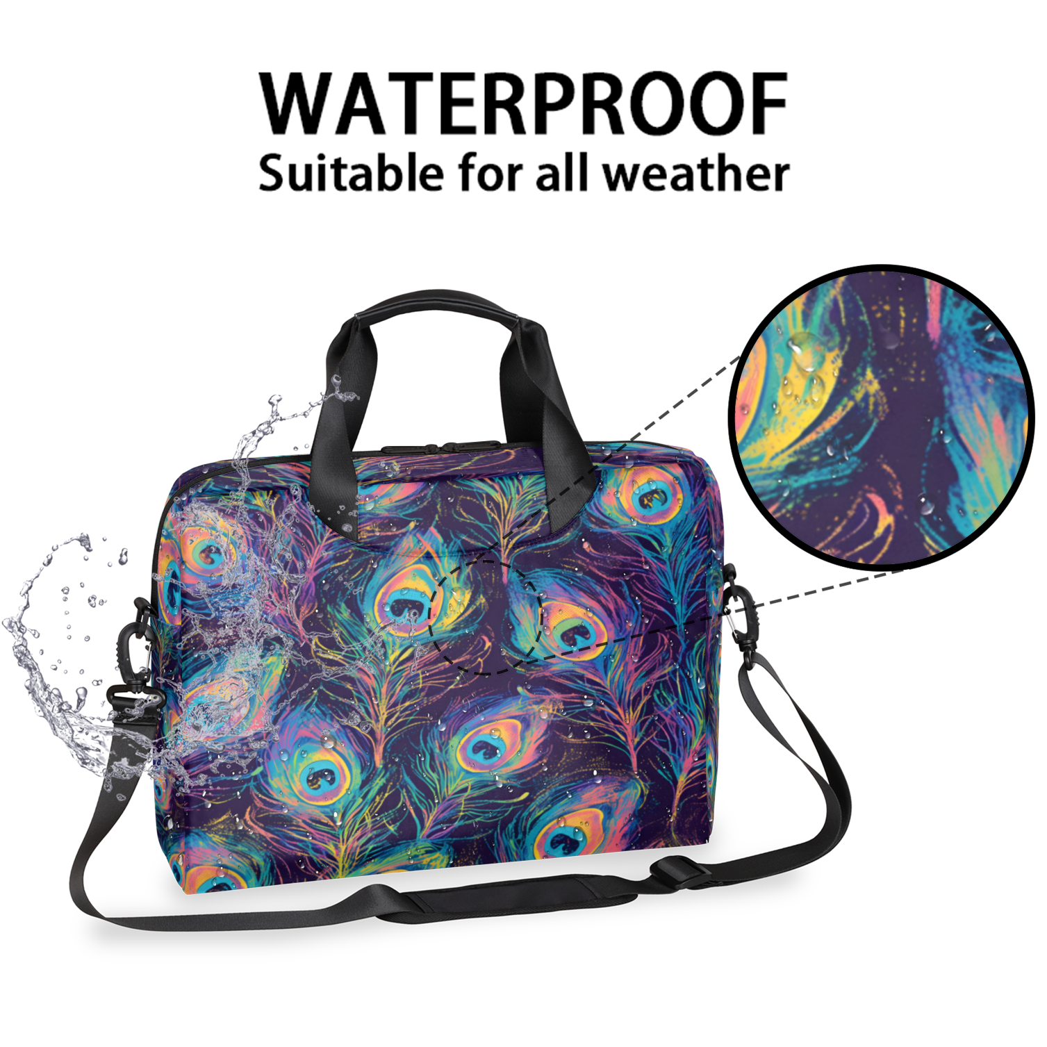 Herdesigns Peacock Feather Laptop Bag for Women Men, Computer Case Briefcase Messenger Bags, 15-15.6 inch Laptop Sleeve Shoulder Bag