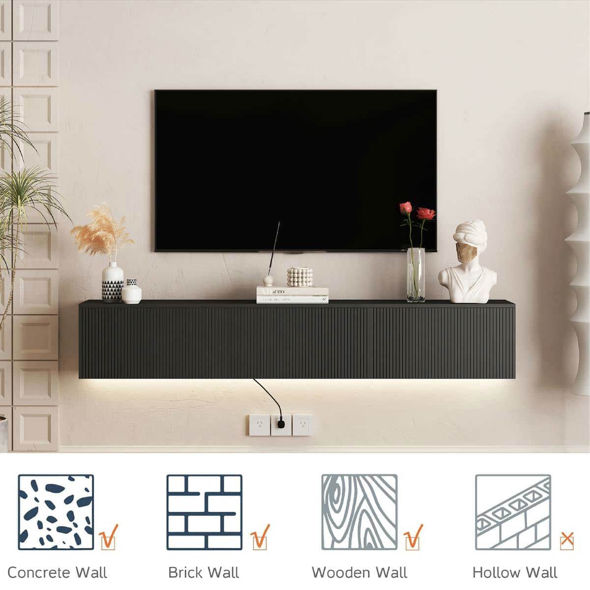 Kadyn TV Console Table, Entertainment Center,TV Stand,Floating TV Stand Wall Mounted with 16 Color LEDs,69" Modern Entertainment Center for 55 60 65" TV, Black